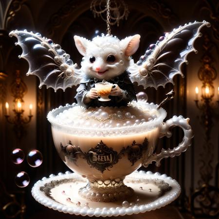 Victorian bubble tea party hosted by floating teacups with tiny bat wings, a possum wearing lace gloves sipping from a bubble teacup, pun: “Bubblessed Be the Brew,” baroque bubble chandelier glows dramatically