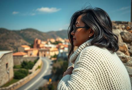 vintage photo style, up-scaled, close up side shot, dark skin asian women, midlife, white wide wool pullover, looking draming in the distance, leaning on a santstone wall in a mediteranian town, hills and the ocian down the road, maintains in the far distance, emotionally banging and empowering, contrastfull color grading, textured details.