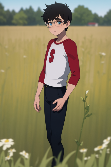 masterpiece, best quality, 1boy, black hair, short hair, blue eyes, glasses, shirt, raglan sleeves, pants, solo, upper body, looking at viewer, standing, grass, blue sky, meadow background <lora:YoungClark:1>