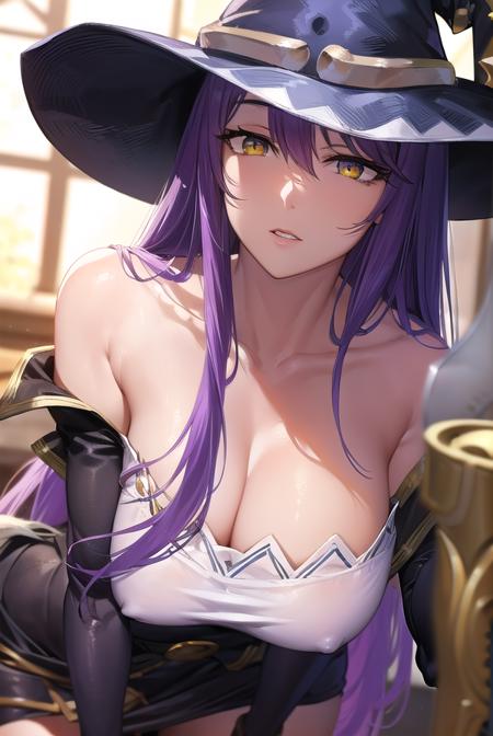 witch, <lora:witch-lora-nochekaiser:1>,
witch, long hair, purple hair, (yellow eyes:1.5),
BREAK thighhighs, gloves, hat, dress, cleavage, bare shoulders, elbow gloves, witch hat, (pelvic curtain:1.2), purple thighhighs,
BREAK indoors,
BREAK looking at viewer, (cowboy shot:1.5),
BREAK <lyco:GoodHands-beta2:1>, (masterpiece:1.2), best quality, high resolution, unity 8k wallpaper, (illustration:0.8), (beautiful detailed eyes:1.6), extremely detailed face, perfect lighting, extremely detailed CG, (perfect hands, perfect anatomy),