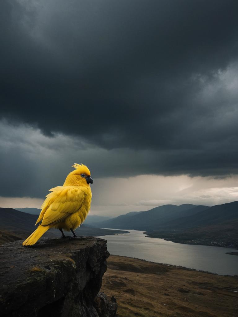 The image is a melancholic photograph of a misty landscape, where the sky is shrouded in dark, brooding clouds that cast a heavy atmosphere over the scene. A large, still body of water stretches across the foreground, reflecting the dull greys of the overcast sky, while distant mountains fade into the mist, their jagged peaks barely visible. On the left side of the image stands a large yellow bird puppet, but its once cheerful, fluffy appearance contrasts sharply with its current mood. The puppet gazes blankly into the distance, its vibrant yellow feathers now dim under the oppressive clouds. Its beak is slightly open, as if lost in a moment of existential questioning, wondering about the meaning of its very existence in this desolate, bleak world. The dark clouds swirl above as if they too are burdened by the weight of uncertainty, adding a sense of impending dread to the scene.