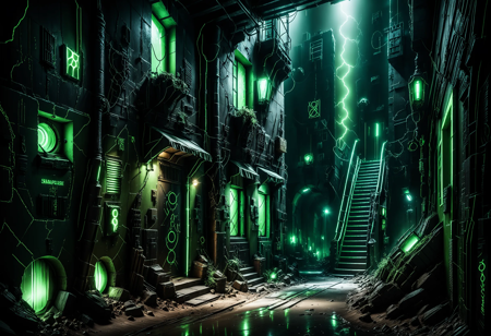 masterpiece, best quality, amazing quality, very aesthetic, very awa, highres, highly detailed, detailed shading, cinematic, volumetric lighting, 35 mm photo, high detail, ultrarealistic, 8k, wide shot,From below BREAK
underground black‑market passage in a dark SF‑fantasy city,
dimly lit, cracked ceiling and winding stairwells above let shafts of daylight fall like divine beams,
dust sparkling in the light, damp stone walls,
eerie and unsettling mood, accents of toxic green neon light flickering,
crowded stalls, shadowy androids and alien species bartering ,Necron,electricity, green glow, green theme
 <lora:add-detail-xl:1> <lora:cfg_scale_boost:0.4> <lora:Necron_World_XL:1>