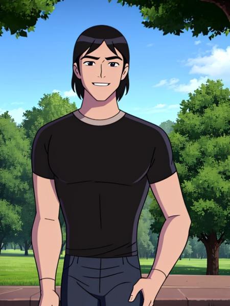 kevinlevin,solo,black shirt,layered sleeves,blue pants anime coloring,style parody