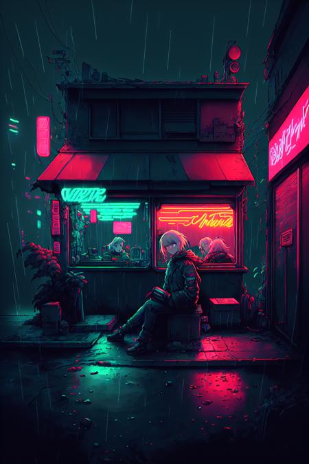 Wave Art Style,  1girl,  car,  cyberpunk,  ground vehicle,  jacket,  looking at viewer,  motor vehicle,  neon lights,  rain,  sitting,  solo,  white hair, <lora:EMS-49798-EMS:0.800000>