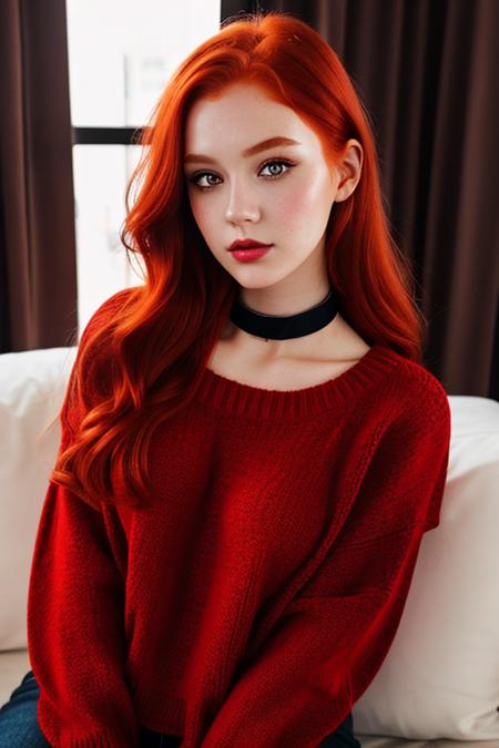 raw photo, (18yo redhead girl:1.2), makeup, graphic eyeliner, rouge, (choker:0.9), realistic skin texture, oversize knit sweater, (red:0.8), softcore, warm lighting, cosy atmosphere, instagram style