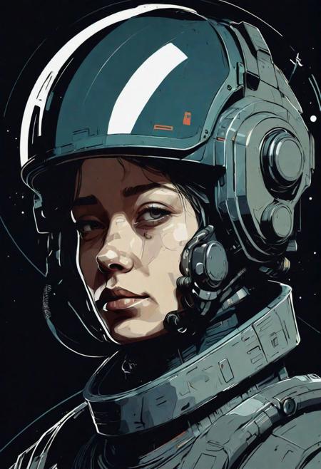 portrait, character,  sci fi gear, abstract, graphic style of drawing comics, dark space colour palette, vector illustration, muted colors, delicate details, high detailed, moody, Vrubel::1, Kuindzhi style::0.6