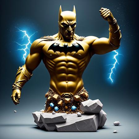 mdjrny-shttr, broken statue of batman made of (marble:1.1) with golden inlays with (blue lightnings:1.3) on background, floating stones from statue, hyper-realism, best quality <lora:broken rocks:0.6>, hyper-realism, best quality