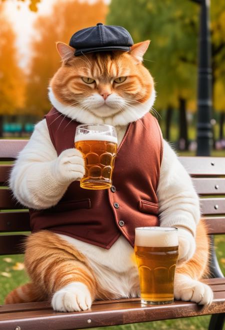 anthropomorphic Fat chubby ginger cat wearing a vest and cap sitting on park bench and drinking beer in park, holding beer bottle with paw, dynamic angle, warm hues, realistic, photorealism, hd, 8k, high definition, BREAK, score_9, score_8_up, score_7_up, score_6_up