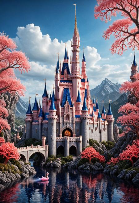 Cinderella Castle made of coralbugXL, way, tree, river, mountain, (shiny:0.5), majestic, , elaborate, (ultra realistic:1), (masterpiece:1.1), best quality, intricate, extremely detailed, detailed background, masterpiece, best quality, highly detailed, sharp focus, hyper-detailed, safe_pos