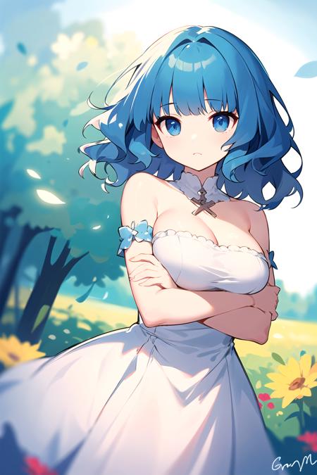 masterpiece, best quality, cute,
medium hair, [blue | blonde] hair, [blue | yellow] eyes, wavy hair, blunt bangs, large breasts, dress, bare shoulders, flower, crossed arms,
depth of field, field,