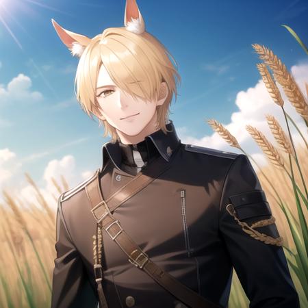 ((masterpiece)),(best quality),official art,extremely detailed CG,unity 8k wallpaper,ultra detailed,wheat field,1boy,solo,(portrait:1.2),upper body,mlynar (arknights),animal ear fluff,animal ears,belt,black jacket,black pants,blonde hair,blue shirt,emblem,gauntlets,hair over one eye,horse boy,horse ears,light smile,short hair,white necktie,yellow eyes,<lora:Mlynar(ark)>,