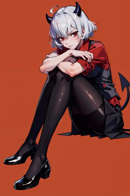 <lora:malina:1> malina(helltaker), crossed arms, black horns, white hair, shirt, short hair, black pantyhose, black skirt, demon horns, demon girl, solo, demon tail, pantyhose, red shirt, 1girl, waistcoat, vest, skirt, red eyes, black vest, red background, horns, tail, simple background