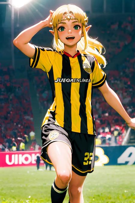 (extremely detailed CG unity 8k wallpaper), (best quality), (ultra-detailed), (best illustration), 1girl, detailed soccer stadium, outdoors, beautiful sunlight, soccer uniform, shorts, socks, soccer, (striped uniform),  green field , <lora:zelda_ALBW_v1:0.6>, princess zelda, albw, long hair, blonde hair, <lyco:tachira-10:0.7>, tachira, crown, smiling