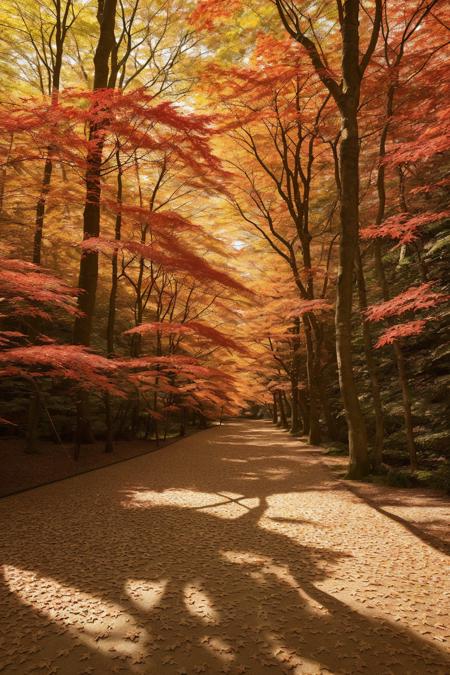 (masterpiece), (best quality), hyper-realistic, beautiful forest path during Japanese autumn, vivid red and orange maple leaves, sunlight filtering through trees, fallen leaves covering the ground, realistic shadows and highlights, serene and peaceful atmosphere, lifelike textures, real camera look
 <lora:epiCRealismHelper:1>