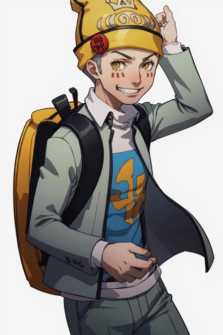 masterpiece, best quality, solo, 1boy, looking at viewer, grin, <lora:P3-Protraits_Fp:0.8>, simple background, <lora:Mark:1>, markp1, beanie, school uniform, pants, shirt, pin, backpack