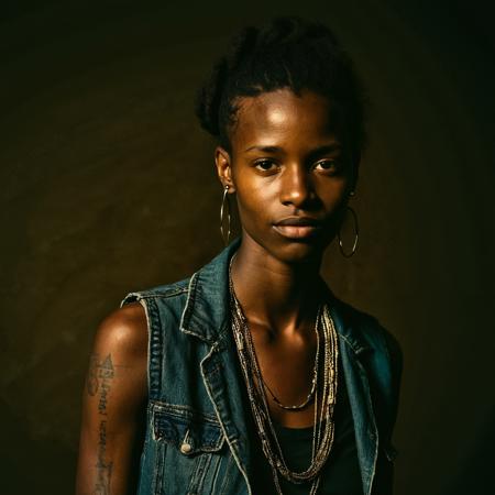 RAW full body analogue photo of a beautiful 20 years old woman, clear focus, 8K,__Random_Woman__,Urban Nomad: Modern tattoos, sleek rings, tech necklaces, intense gaze, natural makeup, nomadic attire, tech shoes, minimal piercings, practical, urban vest. ,low light, soft natural light, Rembrandt style light, Hasselblad DLSR camera, 200mm Zeiss lens, f/2.8 ,Sexy pose, erotic pose, exhibitionism