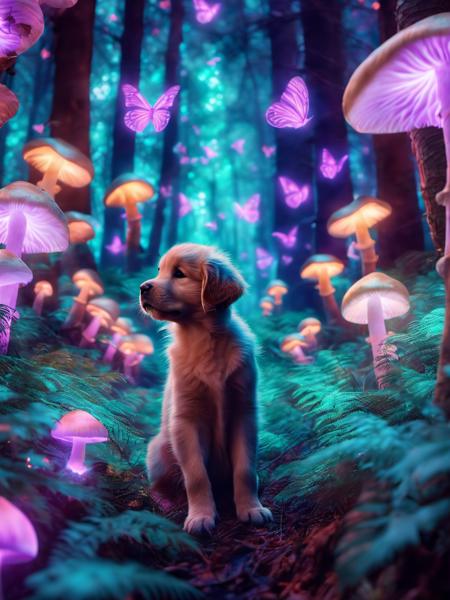 Pet portrait glowing forest glowing mushrooms glowing butterflies