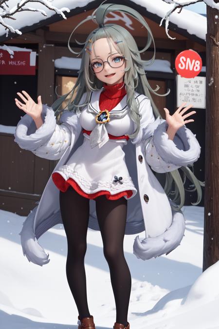 (masterpiece:1.3), (absurdres:1.3), (best quality:1.3), full body, 1girl, looking at viewer, closed mouth, smile, outdoors, snow, upper body, waving, <lora:merufi-000005:1>, merufi, glasses, long ahoge, blue eyes, bangs pinned back, fur-trimmed jacket, white sailor collar, white jacket, white sweater, black pantyhose,