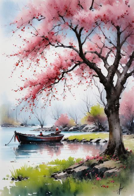 a painting of (Cherry tree in an island), watercolor painting, artstation, concept art, smooth, sharp focus, illustration in the style of artists like Russ Mills, Sakimichan, Wlop, Lois, Art Germ, Darek Zabrocki, and Jean-Baptiste Monge, ultra HD masterpiece, award winning work.  Paul Signac Style