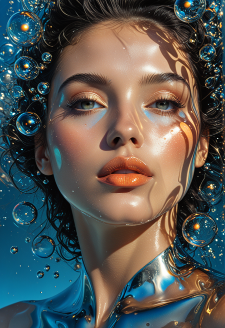 Smooth Quality, ArsMJStyle, Colored pencil hyperdetailed realism, close-up portrait of a woman, medium complexion, with a serene, contemplative expression. Her eyes are closed, and her, 
lips are slightly parted in a tranquil pose. The womanâs face and upper torso are depicted in a stylized, abstract manner, 
resembling a liquid metallic surface. Vibrant colors, including gold, orange, and various shades of blue, create a, 
dynamic interplay. Numerous reflective bubbles of various sizes and shapes encapsulate and adorn her features, reflecting, 
lights and colors that amplify the visual impact. The background is a deep teal blue, creating a stark contrast with, 
the vibrant colors of the subject. All textures focus on smooth, reflective surfaces and shimmering metallic effects., 
Camera angle is a close-up, focusing on the face with visible details. The style is modern, abstract, and ethereal, 
suggesting a liquid or metallic dreamlike quality. A sense of calm and tranquility permeates the image., 
Visual style references surrealism, abstract art, and liquid metal digital art, with a focus on a reflective and, 
polished aesthetic, <lora:clear:1>, <lora:FF.101.juggernautXL_version6Rundiffusion.LORA:1>, <lora:Hyperdetailed_Colored_Pencil:1>, <lora:SDXLDetailer:1>