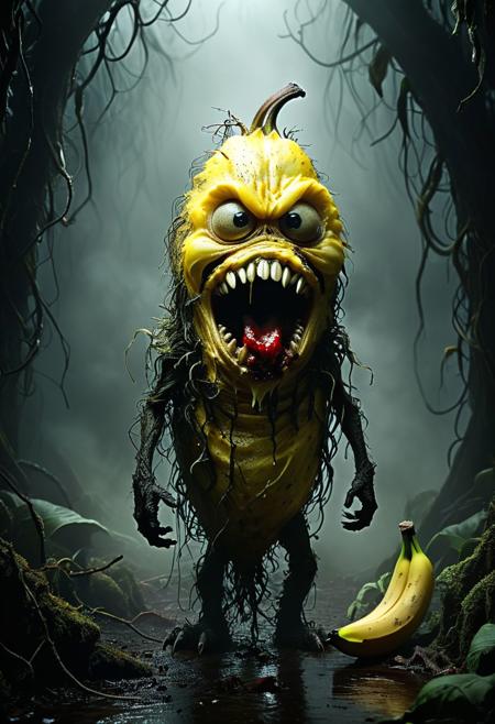 Create a magical scene featuring an enchanting, Let's create a scary horror banana monster for you:
- **Appearance**:
  - The scary horror banana monster has dark, rotting yellow skin with oozing black slime dripping from its peeling.
  - Its eyes are glowing red orbs that pierce through the darkness, instilling fear in those who dare to look at it.
  - Sharp, jagged teeth line its gaping mouth, ready to devour anything in its path.
  - Long, twisted vines extend from its back, with thorns that can entangle and trap its victims.
- **Personality**:
  - This banana monster is malevolent and cunning, lurking in the shadows to strike fear into the hearts of unsuspecting prey.
  - It thrives on chaos and feeds off the terror of its victims, relishing in their screams.
  - The monster is relentless in its pursuit, never showing mercy to those who cross its path.
  - Its presence is accompanied by a foul stench that permeates the air, signaling its sinister intentions.
This terrifying banana monster embodies the darker side of imagination, striking fear into all who encounter it with its ghastly appearance and malevolent nature., casting ethereal beams of light that illuminate the misty air and create a mystical atmosphere.