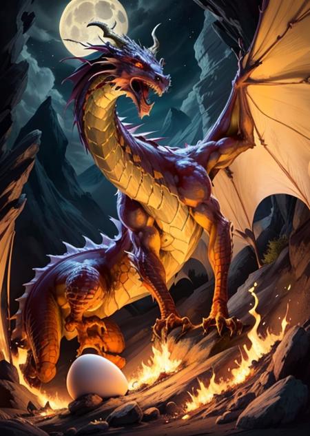 dragonesnomana,red eyes,dragon,wing,nigth,moon,(egg),fire,teeth,gold,cave, <lora:draconic-10:0.75>