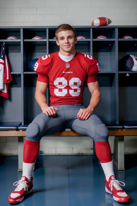 in an American football locker room, (sitting on a bench), legs spread open, DaneDekota, American football player wearing American football uniform, American football shoulder pads, (((red  jersey))), jersey number 88, (((gray football pants and pads))), ((red socks)), long socks, (sneakers:1.2), slight smile, masterpiece, (((full body portrait))), full body shot   <lora:DaneDekota:0.8>