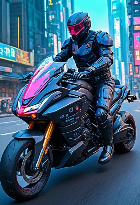 A black suited mech police riding a futuristic motorbike, Akira Style motorbike,  color pencil painting  cinematic composition,complex multiple subjects, 4k HDRvaporwave style , , cyberpunk, vibrant, neon colors, , highly detailed,,,Leica Q2 with Summilux 35mm f/1.2 ASPH, ,clear face, Ultra High Resolution, wallpaper, 8K,Rich texture details, hyper detailed, detailed eyes, detailed background, dramatic angle,