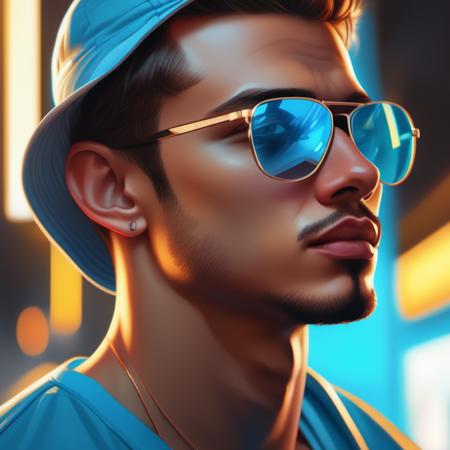 an image picture of a young handsome young man, light blue and light amber, <lora:NeonifyV2-000004:0.75> | Neon Realism