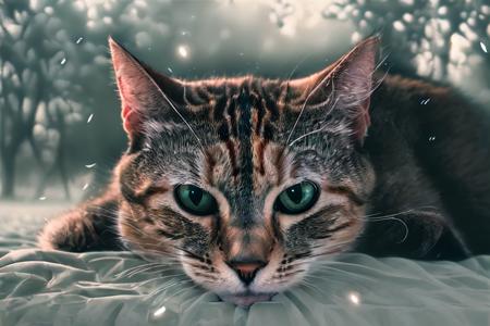 closeup portrait of nkoctst cat in a misty field, dream landscape, simulation, physical particles, translucence, cinematic lighting, iridescence, digital painting, ((by ash thorp))