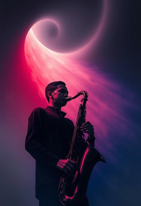 A solitary saxophonist stands beneath a smooth, arching ceiling that echoes sound and shadow, their face detailed in stark monochrome, fluid lines of crimson and indigo flowing from the instrument into the misty abstract space behind, merging softness with structured form, cinematic vivid style