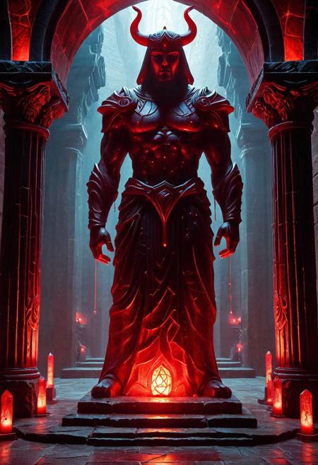 Object/Creature: A monumental statue or stone golem standing guard near an altar. Its body is carved from dark red stone or crystals resembling solidified blood. In the cracks or engravings on its surface, a soft crimson glow pulses, like living energy. The golem's eyes are two drops of liquid red substance slowly moving within.
Details: Around the statue – magic runes that also glow red. Perhaps sharp crystalline protrusions resembling claws or horns extend from its shoulders or back. The air around it might be faintly tinted red, creating an effect of "blood evaporation."
Atmosphere: An underground temple or ancient sanctuary, illuminated only by red reflections from the statue and altar. A deafening silence, broken only by the faint hum of energy. A sense of antiquity, mysticism, and unseen power.
Style: Dark fantasy, mystical realism, Gothic architecture, detailed sculpture, focus on texture and glow.