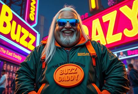 Buzz Daddy is a larger-than-life character, exuding charisma with a signature grin reminiscent of Riccardo Villalobos. His playful, lighthearted aura contrasts with his bulky, chubby physique. He’s decked out in a corporate tracksuit with vibrant psychedelic details, featuring a standout orange piece that reads “The Road to Torino.” His look is completed by a massive yogurt buckle shaped like a buzz coin, and long, straight white hair that adds to his striking appearance. His reflective shades mirror the electric glow of digital yellow signs, while he mischievously tosses stacks of Buzz coins around.
Buzz Daddy’s personality is zany, artistic, and captivating—his presence radiates the vibe of a meme king who thrives on humor and unpredictability. In the scene, “Buzz Daddy” is showcased in luminous, cinematic letters, whether displayed on a neon-lit billboard, a glowing mural, or boldly printed across his ultra-realistic jacket. The composition merges digital and artistic styles, creating a playful yet composed visual experience. The atmosphere is surreal and meme-driven, highlighting Buzz Daddy’s larger-than-life persona with influences from aidmafluxpro1.1, aidmaMJ6.1, and aidmahyperrealism, ensuring an unforgettable visual impact.