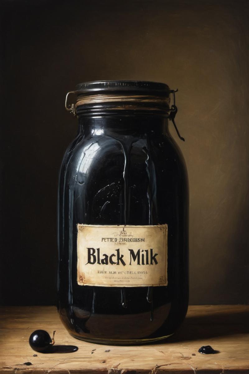 A large glass jar with a label that reads "Black Milk" on a table.