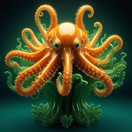 incredible detailed, highest quality, dramatic lighting, safe rating, best quality, detailed background,extremely detailed,  sunked, cyborg   octopusin qu4ntum style, pool,  , green and orange color theme, , flowing translucent orange fabric, , , , ethereal branches, intricate flowers, , , , , , , , , individual petal details, liquid-like fabric texture, , , surreal artistry, , , warm gradients, , , , harmonious abstraction, , , visual masterpiece,, <lora:Qu4ntumPunk_XL-SGX>