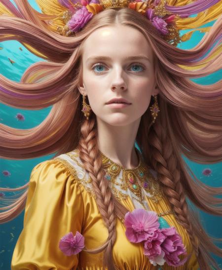 (absurdres, highres, ultra detailed), 1girl, solo, (long hair), Baroque, dress, long sleeve, elegant, holy, colorful, highest detailed, portrait, close up, underwater, floating hair, flower