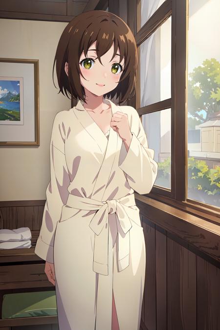 (masterpiece, best quality:1.4), looking at viewer, cowboy shot, smile, blush, aiko hatayama, short hair, brown hair, green eyes, bathrobe, indoors, bedroom, <lora:aiko_hatayama_v1:0.7>