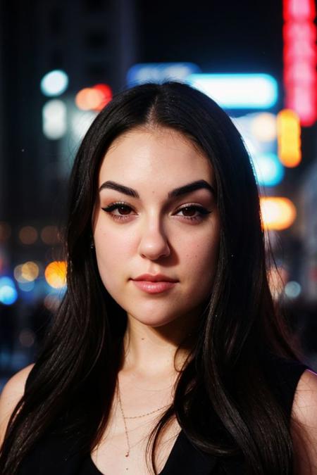 Picture, best quality, close up photo of Koh_SashaGreyV2 looking over her shoulder, dystopian city, futuristic, perfect face, perfect eyes, smiling, sharp focus, dystopian metropolis background, street, advertisements, dusk, nighttime, neon, volumetric lighting, raytracing