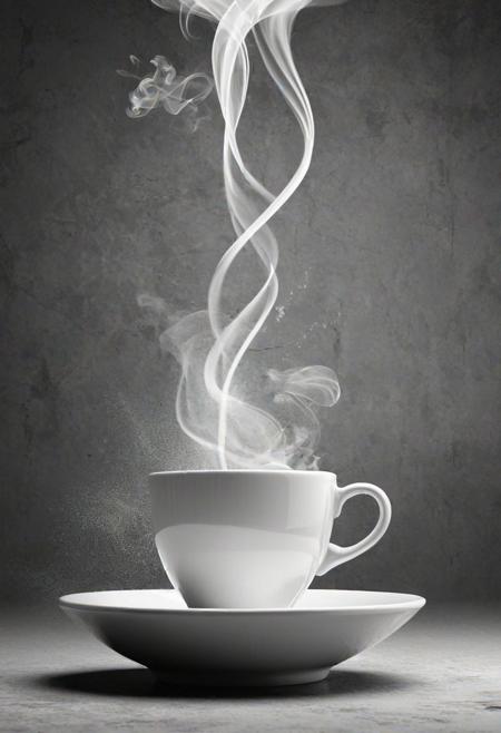 Minimalistic digital art of a coffee cup emanating whimsical steam trails, monochromatic theme with textured appearance conveying warmth, simplicity in design, digital render, ultra fine, dramatic lighting.