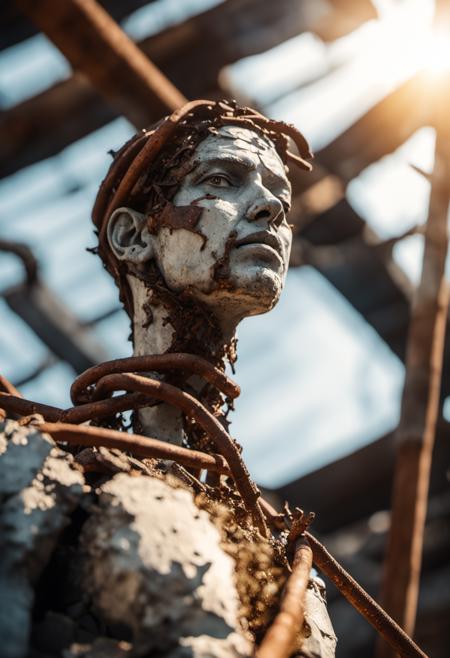 cinematic captivating photo of heroin statue made solely out of las040 rubble, rusted metal pipes, rusted wires, broken glass, bokeh, close up shot from below and the side, off center, 4k, uhd, soft light, focus on face, foggy, sun rays