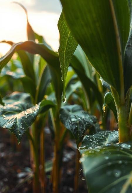 a bunch of milpa plants, with water droplets on them, milpa dripping, a Gaint milpa planting system of corn, squash, beans, wearing a milpa planting system, milpa dripping juice, milpa, milpa wall, “milpa, rainy background, raindrops, wild milpa plants, beautiful art uhd 4 k, clear liquid and snow, nature wallpaper, gems and diamond for milpa plants, rain drops, 32k, rain drops, sun shining behind the glowing clouds,