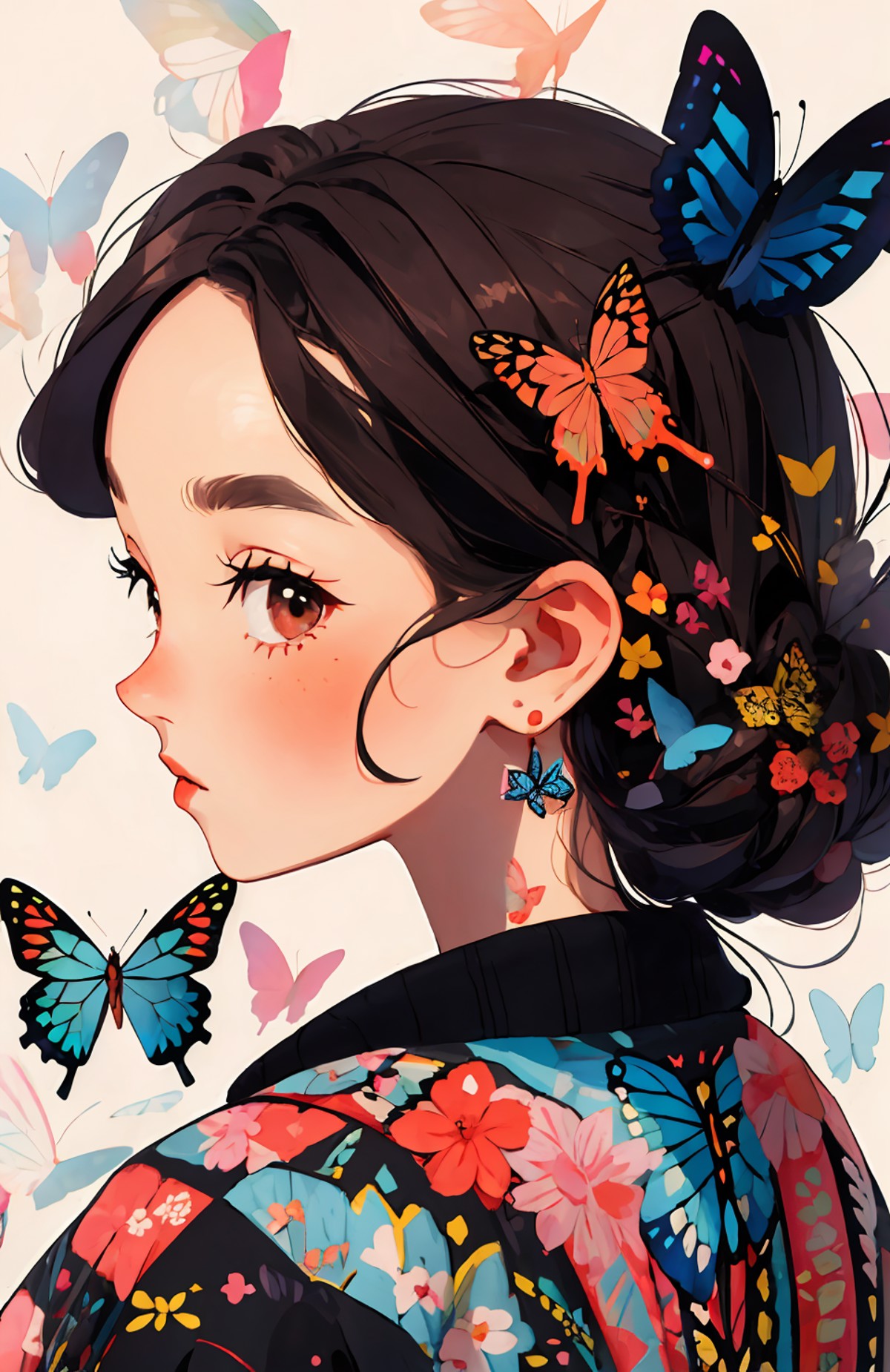 <lora:Mix patterns:1>,mix patterns, 1girl, butterfly,  hair ornament, looking at viewer,