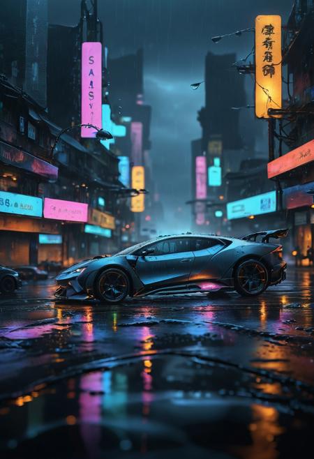 real image,Focus on Water and Reflections:,  a photograph of futuristic cyberpunk cityscape, heavy rain, neon advertisement board, wet road,  fog, dark atmosphere, melancholic, fog, and the sun behind the fog.