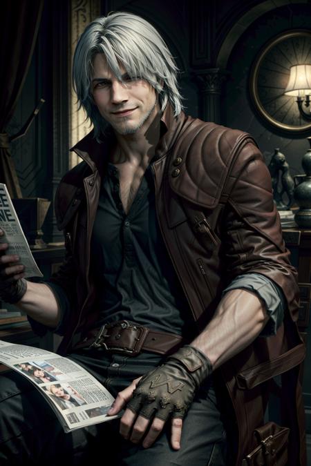 (masterpiece, best quality)
1boy, DanteDevil5, male focus, solo, dante \(devil may cry\), gloves, fingerless gloves, realistic, facial hair, hair over one eye, magazine \(object\), newspaper, smile, beard, white hair
<lora:epi_noiseoffset2:1>,  <lora:add_detail:0.5>,  <lora:DanteDevil5:0.7>