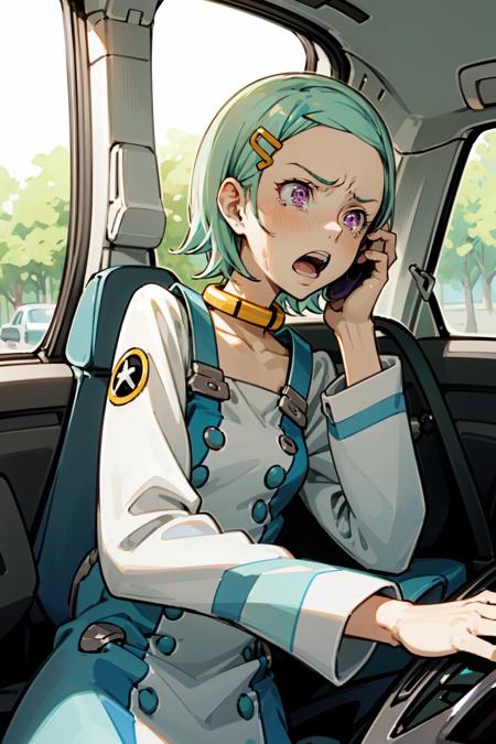 1girl, eureka, purple eyes, aqua hair, short hair, white-blue dress, long sleeves, hairclip, angry, screaming, tears, talking on phone, in car, from behind, choker <lora:eureka_v9:1.0> <model:cbfba64e66:non-realism_anime_CounterfeitV30_v30>