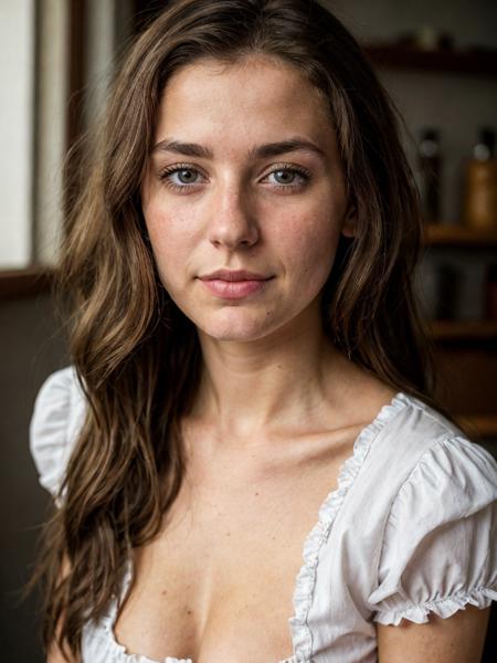 close up portrait of a 24 year old German brunette named Sophie, wearing a sexy dirndl, no makeup, natural, posing in a loft, submissive expression, hard shadows, soft lighting, sharp focus, skin details
