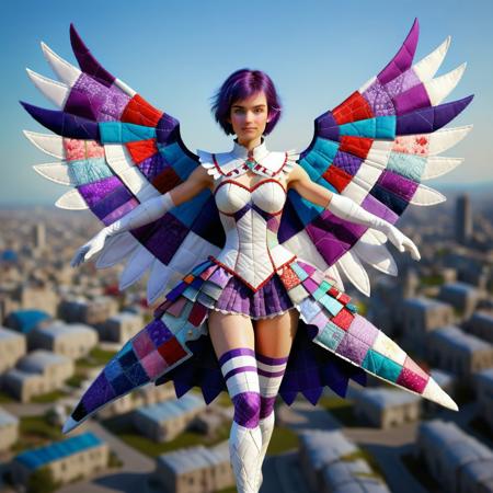 ptchkrawk, a female character made of patchwork fabric with a futuristic, fantasy-inspired design. The character has fair skin and short, purple hair adorned with a white flower. She has large, expressive blue eyes and a delicate, feminine face. She is dressed in a vibrant, white and purple outfit made of patchwork fabric that includes a short, frilly dress with a white collar. The dress has a high slit, revealing her black thigh-high stockings made of patchwork fabric and a glimpse of her upper thighs. Her attire is complemented by long, white gloves and matching boots made of patchwork fabric with purple accents. She wears a white belt with a purple gem at the center, adding to the futuristic aesthetic. The character is equipped with large, wings made of patchwork fabric that have a glowing blue hue, giving her a celestial appearance. Her arms are outstretched, and she appears to be in mid-flight or leaping, suggesting motion and energy. The background is a futuristic city landscape.