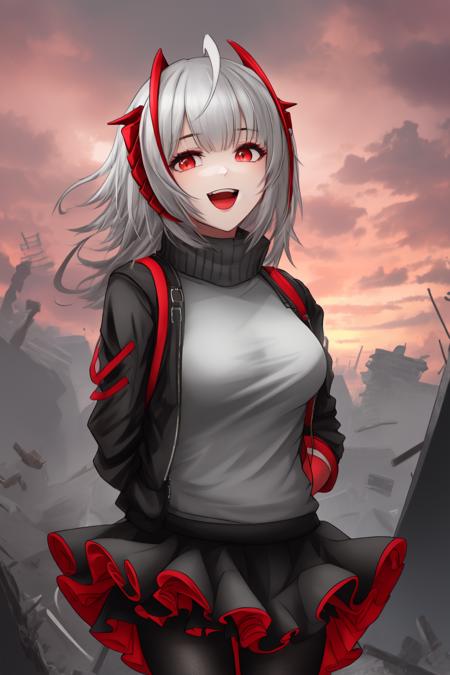 <lora:W:0.8>, (((W))), w (arknights), solo, skirt, jacket, gloves, shirt, black jacket, pantyhose, fingerless gloves, horns, grey shirt, open jacket, black gloves, open clothes, looking at viewer, outdoors, black skirt, breasts, red eyes, smile, black pantyhose, grey hair, building, sky, miniskirt, open mouth, cloud, red nails, medium breasts, cloudy sky, red sky, demon horns, ruins, nail polish, bangs, ahoge,  multicolored hair, upper body, perfect anatomy, hands out of frame, arms behind back,