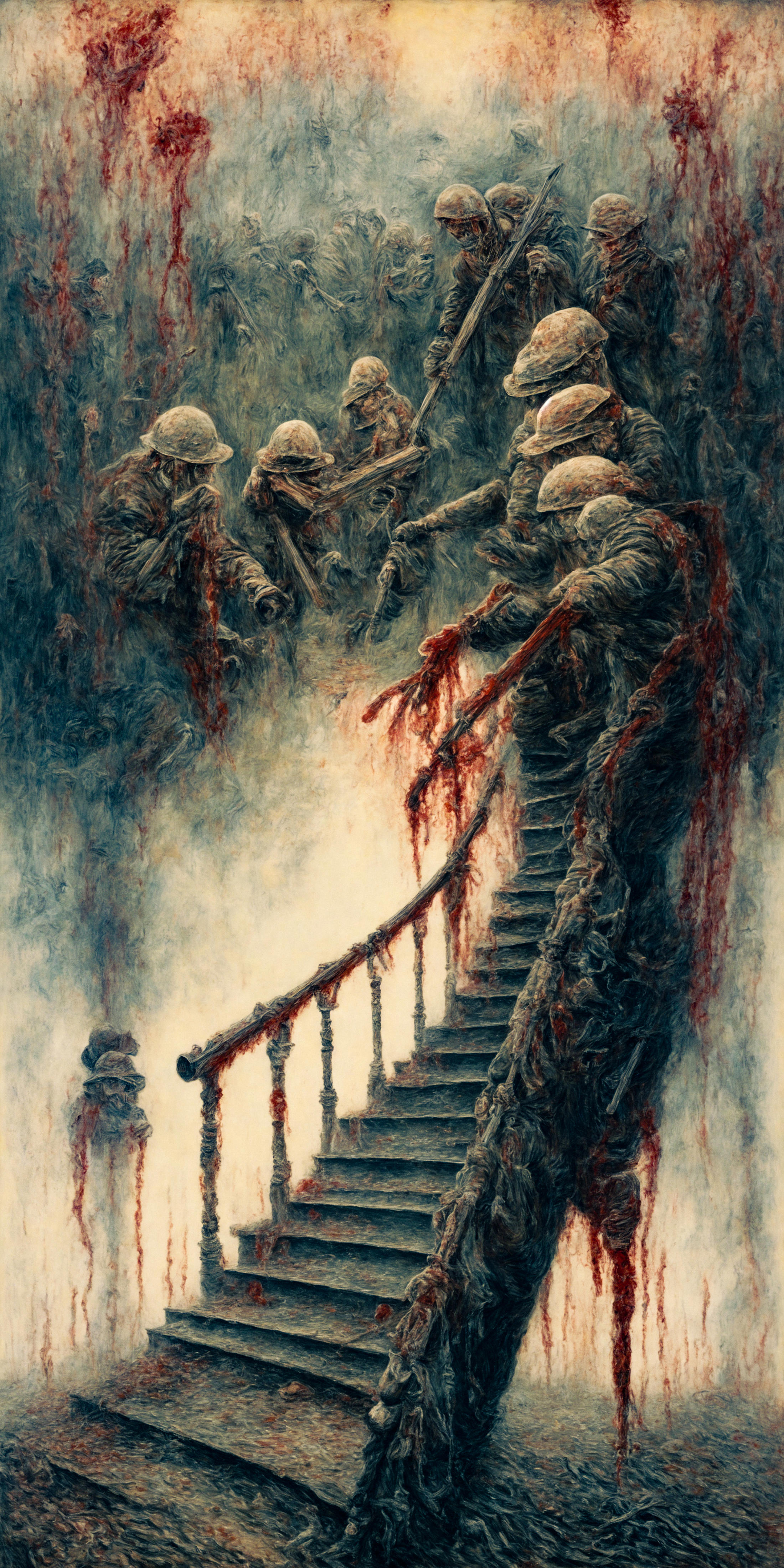 An Artistic Painting of Men and Zombies with Blood on Stairs