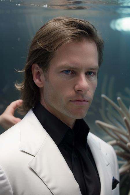 portrait of a handsome man, gp13rc3, stunning eyes, looking at viewer, upper body, iridescent white suit, at an exotic fish aquarium